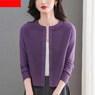 Erdos ordos wool cardigan for women spring and autumn new style knitted sweater round neck top short outer sweater color buckle thin purple 2xl suitable for 130-140jin jin equals 0.5 kg