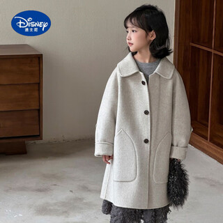 Disney (disney) girls double-sided velvet coat 2025 new autumn and winter korean style girls woolen jacket woolen jacket mid-length coat light gray girls woolen jacket 110 recommended height 100-110