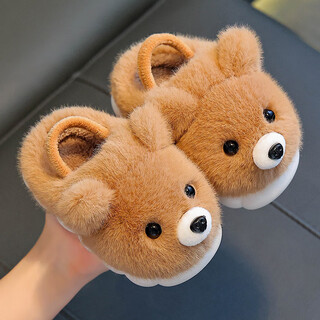 Skonwat baby cotton slippers 1-3 years old 2 boys winter cute indoor non-slip home slippers soft bottom children's cotton slippers camel color 22-23 sizes 14cm inner length with back strap