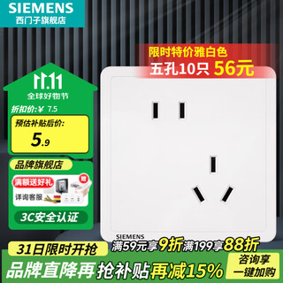 西门子（SIEMENS）开关插座面板 五孔二三插 强电源墙壁插座86型10A 致典系列雅白 错位斜五孔插座