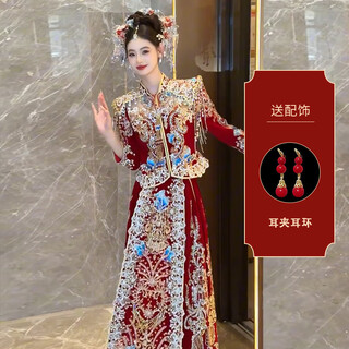 Roar uthaug velvet xiuhe wedding clothes 2025 new bride wedding dress chinese wedding dress heavy industry dragon and phoenix gown wedding clothes red xiuhe clothing free earrings m