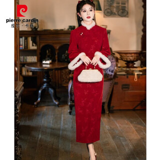 Pierre cardin women's 2025 autumn and winter new engagement dress new chinese style velvet thickened large size cheongsam dress women red m 105-120