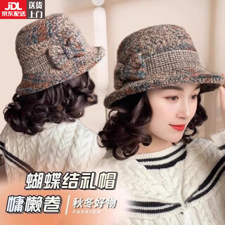 Jingmengyuan wig autumn and winter fashion hat one-piece fisherman hat versatile top hat for middle-aged and elderly mothers khaki top hat dark brown curly hair + hair net