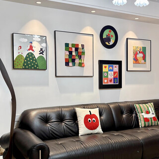 Jianzao three-dimensional solid wood painting dopamine green hanging painting modern style living room sofa background wall high-end decorative painting type b - sandstone texture three-dimensional painting combination medium set suitable for living room sofa 2.6 meters - 3.5 meters black aluminum alloy frame 3.5cm thick three-dimensional wood block + artistic concave and convex cloth printing + glass mirror uv printing