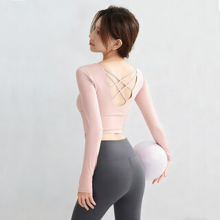 Yu hee hee yoga suit women's new advanced long-sleeved pilates training wear fitness sports suit light pink top + gray pants s (80-95jin jin equals 0.5kg)