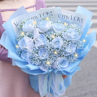 Baihua pavilion flowers roses gypsophila new year's day bouquet birthday gift real flowers for girlfriend same-city delivery star love 11 white roses sprayed ice blue + gypsophila |dy679