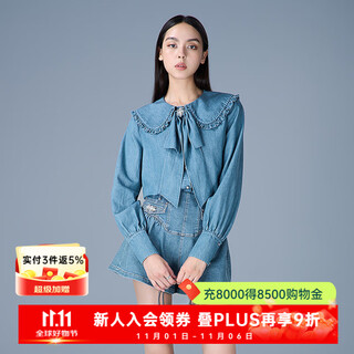 Caroline tencel cotton denim caroline 2025 autumn new doll collar shirt erc4c02c blue l