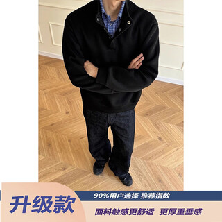 Xuansentu light gray american plaid fake two-piece sweatshirt men's autumn henley collar polo shirt cleanfit jacket trendy black fabric upgrade xl