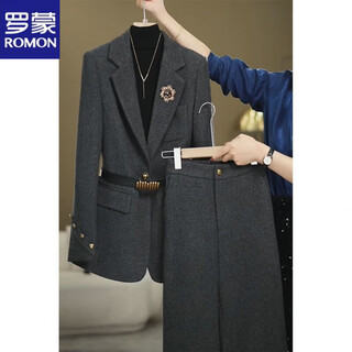 Romon high-end internet celebrity woolen suit women's 2025 winter style commuting slim jacket + wide leg pants dark gray two-piece set xl recommended 115-125 jin jin equals 0.5 kg