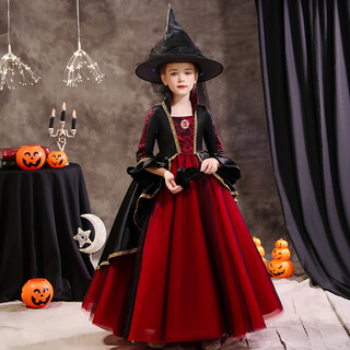 Guaiqiqi halloween children's costume girl princess dress witch girl costume prom dress cosplay kindergarten burgundy long style (star hat + cloak) 120