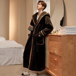 Ziyanmeng nightgown extra long men's autumn and winter strappy bathrobe men's plus velvet thickened coral velvet plus size hooded pajamas 9106# strappy robe hooded xl size (recommended height 172-176/weight 130-155jin jin is equal to 0.5 kg)