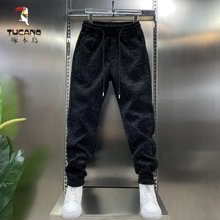 Woodpecker (tucano) autumn and winter velvet thickened knitted chenille casual pants for men, versatile sportswear men's pants, trendy brand leggings, harem pants, black regular m