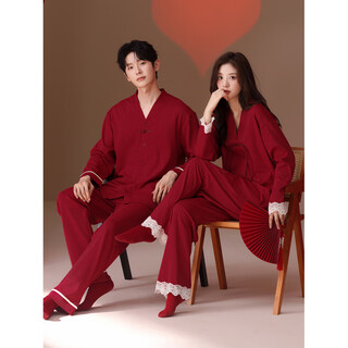 Yalu red couple pajamas pure cotton long sleeve wedding suit for men and women for spring and autumn chinese style festive home clothes female m+ male l m by-male 7211-female 6211 long sleeves + trousers