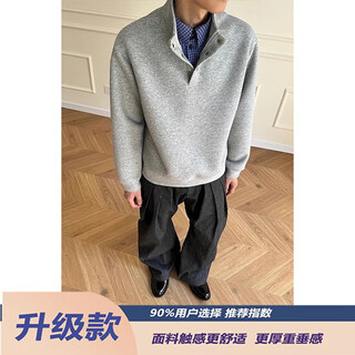 Lingbo (xuansentu) light gray american plaid fake two-piece sweatshirt men's autumn henley collar polo shirt cle gray fabric upgrade 2xl