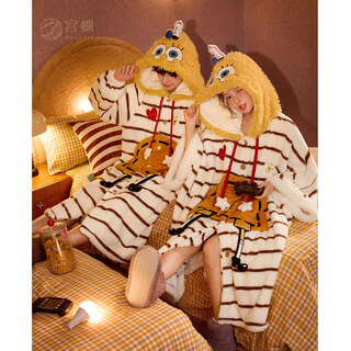Gongdie thermal storage type spongebob coral velvet cloak couple's nightgown women's thickened pajamas men's home clothes winter