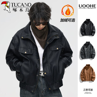 Woodpecker (tucano) retro motorcycle soft leather jacket men's american style simulated leather handsome short autumn and spring high-end bomber jacket black l suitable for 120-140 jin jin equals 0.5 kg