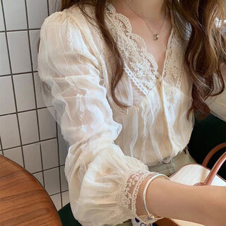 Ershanji v-neck lace shirt for women, gentle and versatile chiffon shirt, 2025 autumn new style, sweet temperament, unique design, small shirt, off-white s