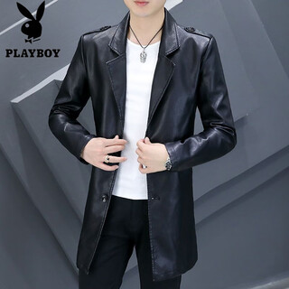 Playboy (playboy) men's suit collar mid-length leather jacket business casual slim pu leather jacket solid color handsome windbreaker suit jacket 8810 black mid-length 3xl (145-158jin jin equals 0.5kg)