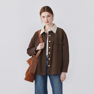 5+ (fiveplus) lapel contrast color double pocket breasted shirt jacket women's autumn new retro casual short top brown m (one size) (135jin jin is equal to within 0.5kg)