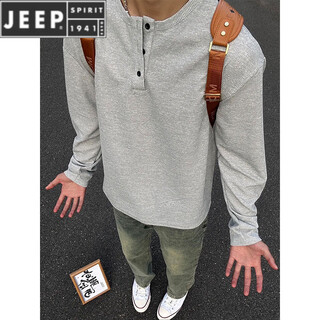 Jeep spirit jeep light gray henry collar long-sleeved t-shirt men's autumn and spring trendy brand inner layering shirt american heavyweight po.lo sweatshirt gray l