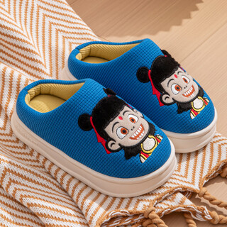 Robot pig children's cotton slippers autumn and winter boys nezha cartoon home furry slippers for middle-aged and small boys baby sapphire blue - upgraded version 26-27 sizes inner length 17cm