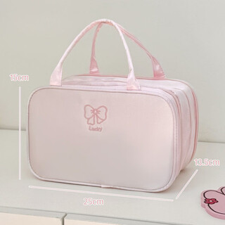 New bow cosmetic bag large capacity cosmetic storage bag portable upright women's travel toilet bag three-layer strap cosmetic bag pink hanging luggage丨bow knot