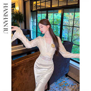 BEQUEENSTORY【月神童话】法式轻奢气质修身V领扭结假内里蕾丝两件女式衬衫 奶油白 S 80~100斤