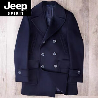 Jeep spirit autumn and winter thickened wool coat men's double row casual navy short peacoat heavy woolen coat trendy dark blue l 135jin jin is equal to about 0.5 kg