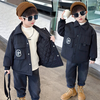 G.duckkids boys' cotton jacket autumn and winter thickened handsome little boy baby padded top trendy and cool children's work jacket black 120 cm recommended height 110-120cm5-6 years old