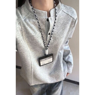 Xinyoujie american henry collar polo shirt sweatshirt for men and women in autumn deconstructed splicing long-sleeved t-shirt cleanfit right shoulder top gray m