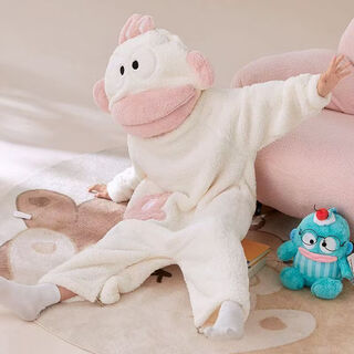 Sweet leyu children's ugly fish hanton cute funny one-piece pajamas for men and women winter plus velvet thickened coral velvet cartoon home clothes children's white ugly fish zipper style 140 recommended height 120-145cm