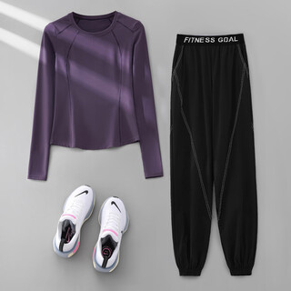 Phigeer large size autumn pilates yoga clothing suit for women outdoor casual morning running clothing long-sleeved quick-drying clothing fitness training clothing dark purple two-piece set (black trousers) m