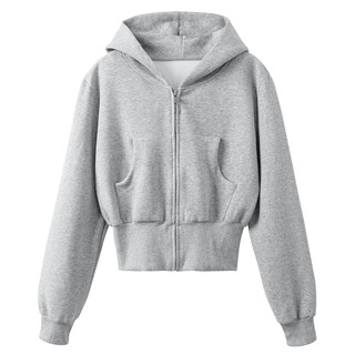 Aaisup gray short sports waist hooded sweatshirt for women 2025 spring and autumn new versatile loose zipper cardigan jacket gray plus velvet m