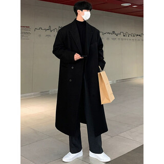 Semir's new men's woolen coat, korean version of the trendy brand, over-the-knee thickened woolen casual windbreaker jacket top, black m