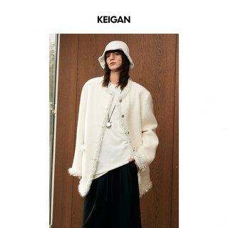 KEIGAN开间/黑标意大利进口超长毛TEXCO珠片羽毛手工织带钻石小香风外套 女神白 XS 32