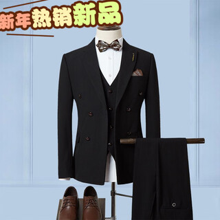 Dancing wolves three-piece suit, men's striped business formal suit, korean style trendy slim and handsome groom's wedding dress, black s