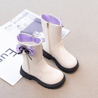 G.duck little yellow duck girls martin boots autumn and winter children's high boots single boots for middle-aged girls girls student performance leather boots off-white 35