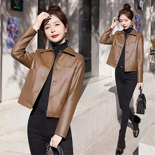 Mogo new style spring and autumn short leather jacket women's lapel casual jacket fashionable leather jacket motorcycle versatile brown buttons 273 models xl 105-115jin jin is equal to 0.5 kg