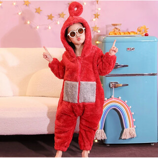 Xcmmv children's teletubbies one-piece pajamas autumn cute cartoon winter anti-kick quilt flannel home clothes for boys and girls red wavelet children's style m 110 110-120c