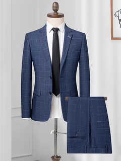Pierre cardin suit men's slim two-piece suit groom wedding dress formal professional work men's suit cut label blue gray plaid 1u003q top + pants - no slits s 165/44a recommended 100-115jin jin equals 0.5kg