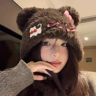 Colorful hat for women, cute little bear ears, cat bow plush hat, autumn and winter warm and ear-protecting lei feng hat, small face