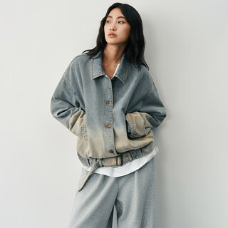 Same flow gradient distressed washed denim jacket with retro texture for autumn and winter new style loose oversize women's jacket denim blue s