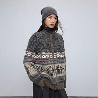 Half circle yarn women's clothing retro 2025 autumn and winter loose stand-up collar fair isle pattern knitted sweater for women gray m