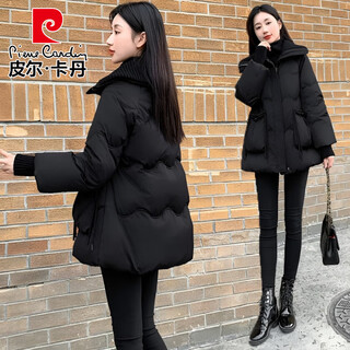 Pierre cardin down jacket women 2026 winter new fashion thick warm white duck down jacket spliced casual mid-length top black l 100-120jin jin equals 0.5kg
