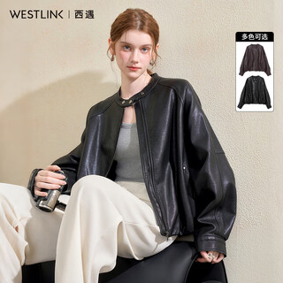 Westlink westlink retro pu leather jacket women's new loose slim drop shoulder sleeve cardigan jacket motorcycle jacket black m