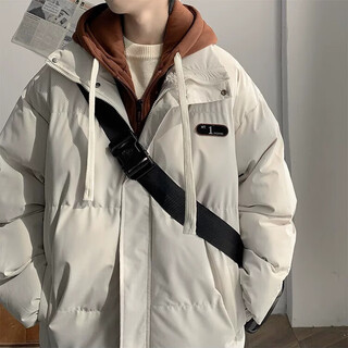 Kennaidi winter cotton jacket fake two-piece men's loose casual thickened warm cotton jacket japanese trendy hooded cotton jacket off-white l 160cm-170cm