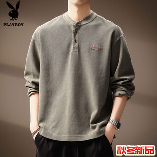 Playboy (playboy) american retro sweatshirt men's autumn new trendy brand henry collar loose textured long-sleeved t-shirt grass green m _ recommended 86-100jin jin equals 0.5 kg