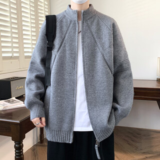 Fkdk cardigan sweater men's autumn and winter lamb velvet sweater jacket men's trendy loose zipper thickened casual sweater gray xl