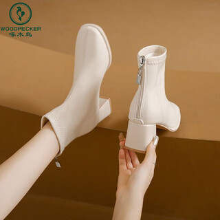 Woodpecker french soft leather short boots ankle boots thick heel martin boots square toe plus velvet short tube 2025 new autumn and winter slim boots for women beige single lining 37