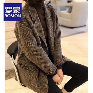 Romon plus size women's 2025 spring and autumn style plaid suit woolen coat thickened quilted mid-length woolen coat brown 3xl (recommended 160-180jin jin equals 0.5 kg)